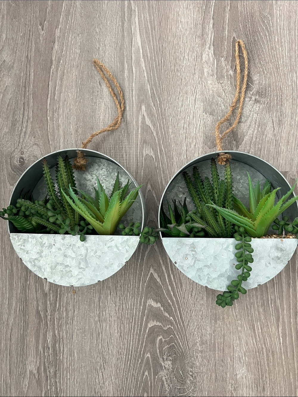 Galvanized Metal Hanging Wall Planter Pair with Green Faux Succulents